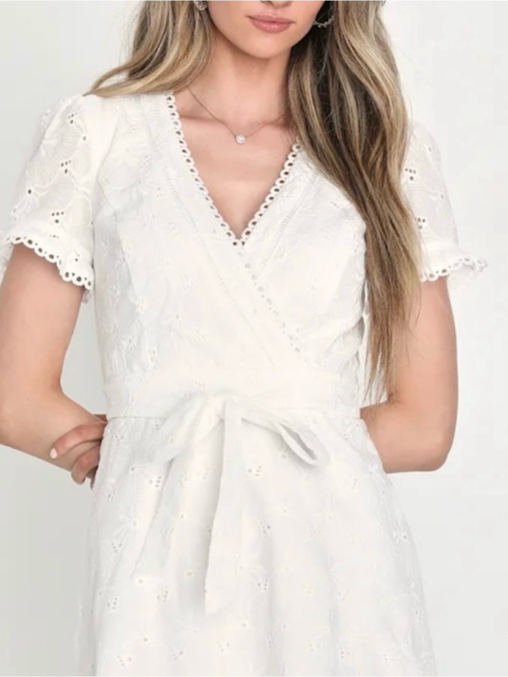 Lulu’s Women's White Eyelet Wrap Dress with Tie Waist bridesmaid bride wedding